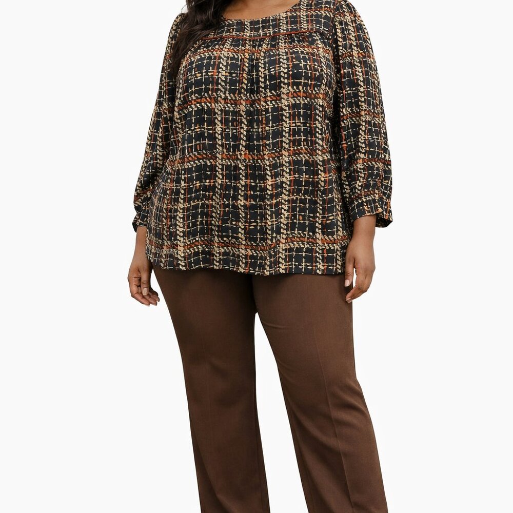 Ashley Stewart Black Brown Geometric Print Long Sleeve Blouse Women's 18W‎